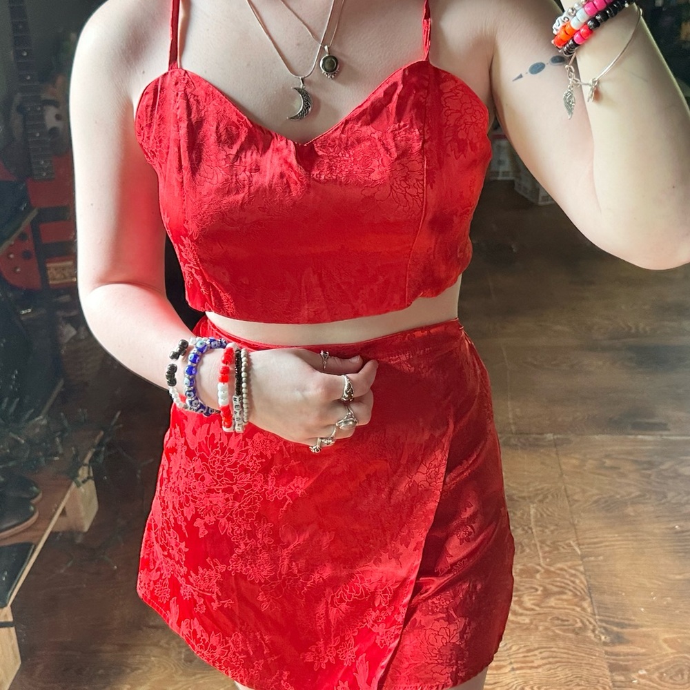 Red Silk Skirt and Top Set